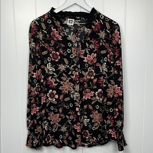 Anne Klein Womens Tunic 1X Black/Brown Floral Print Ruffle Neckline Chic Relaxed - Picture 1 of 14